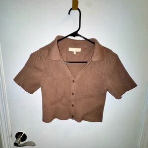 Brown Button Down Ribbed Collared Shirt Crop Top